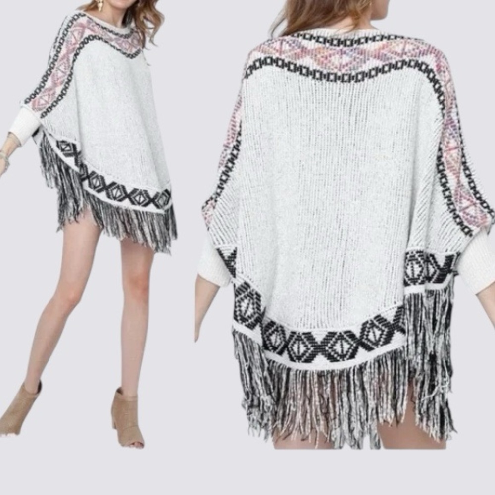 Tribal Design Chenille Poncho Sweater Fitted Cuff